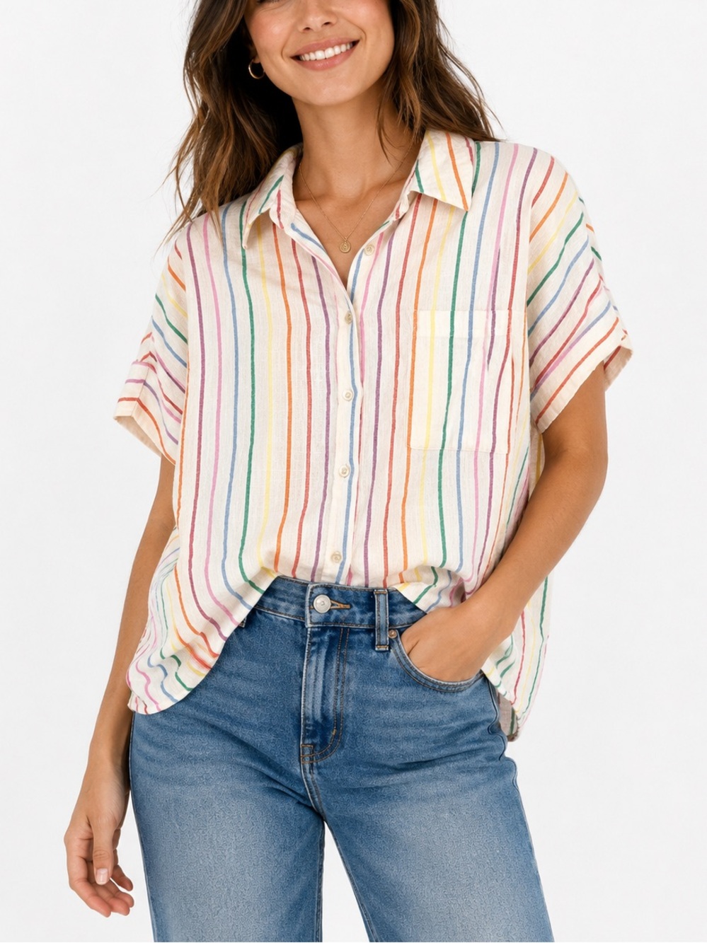 En Crème Women’s Short-Sleeve Button-Up Shirt in Multi Rainbow Stripe